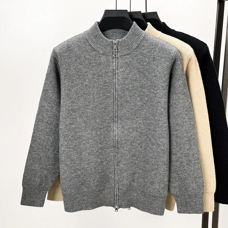 Men's thick stand collar knitted cardigan with zipper front in loose fit showing black, grey and beige colour options