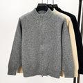 Men's thick stand collar knitted cardigan with zipper front in loose fit showing black, grey and beige colour options