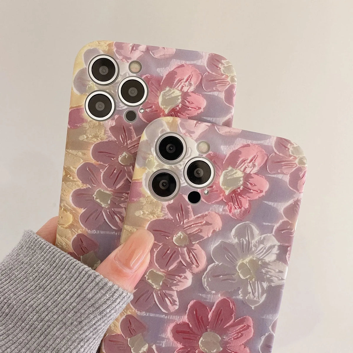 Pink flower silicone iPhone case with liquid oil painting design, rear cover type