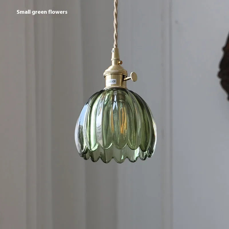 Nordic vintage style glass flower chandelier for bedside in amber, white, green, grey, or transparent.