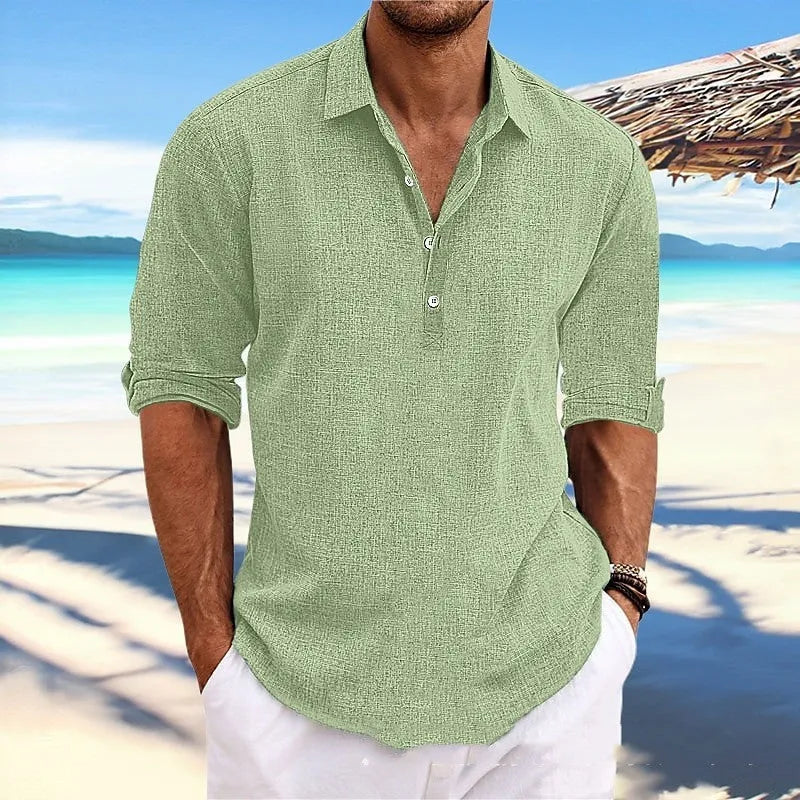 Men's loose-fit solid colour pullover shirt in khaki, front view