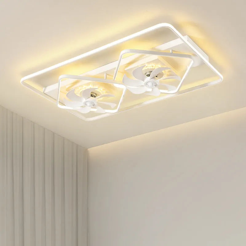 Modern white ceiling fan with light, showing plastic blades and an acrylic lampshade.