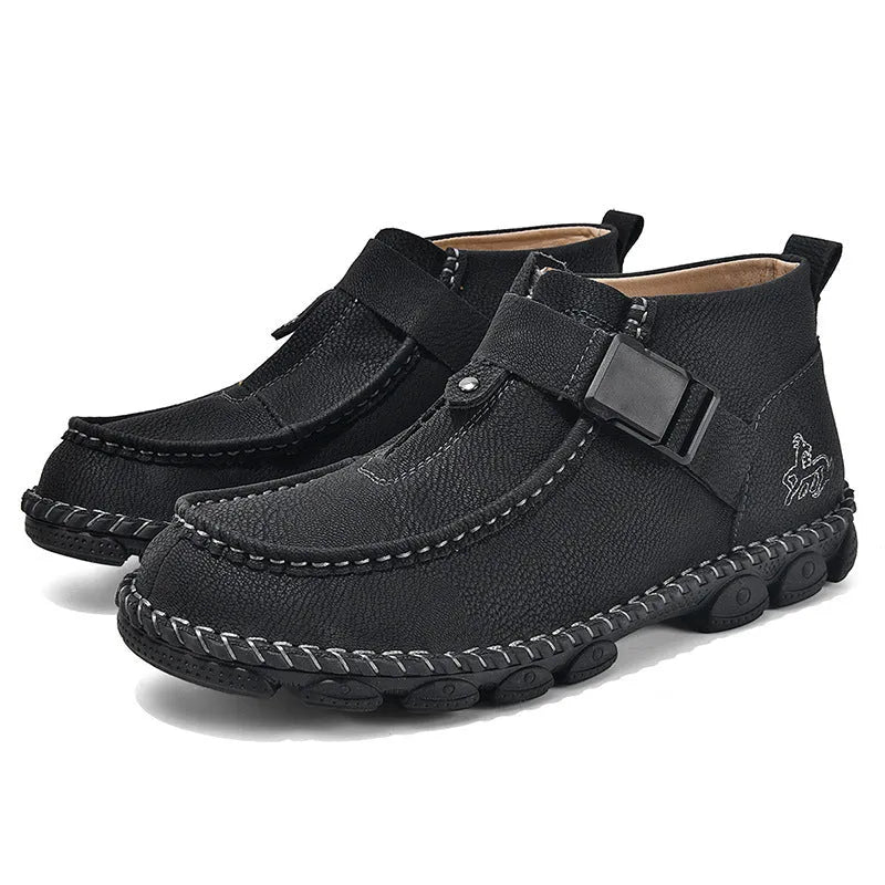 Black casual PU leather slip-on loafers with visible handmade stitching on a flat, low-heel sole.