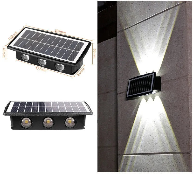 Solar outdoor wall light with 4 LED beads and glass polysilicon panel mounted on a garden wall