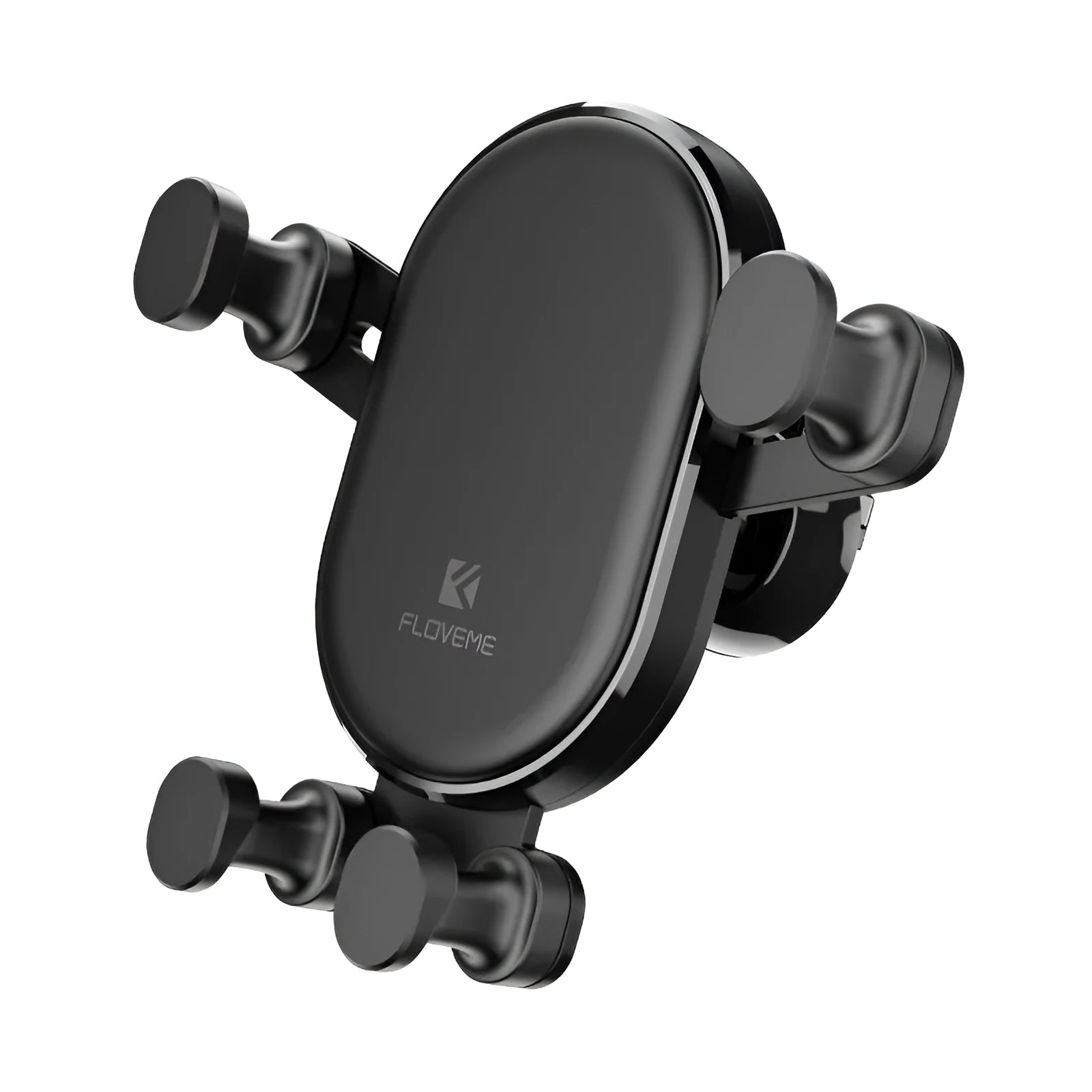 Black gravity car phone holder with 360-degree rotating head mounted on a car air vent.