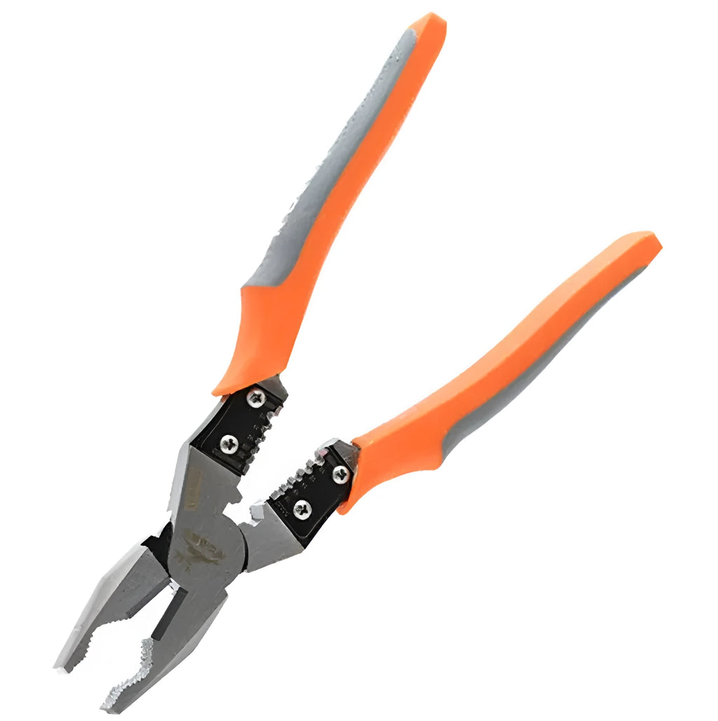 Orange multi-function wire cutter pliers with alloy steel head and plastic handles on a workbench