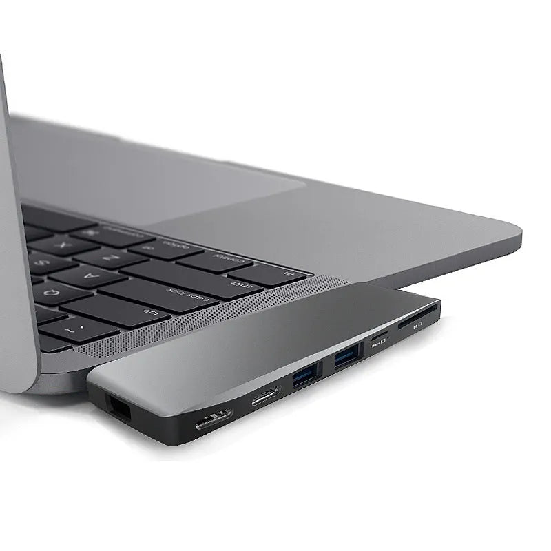 8-in-1 card reader hub for MacBook Pro with dual USB-C plugs and multiple expansion ports