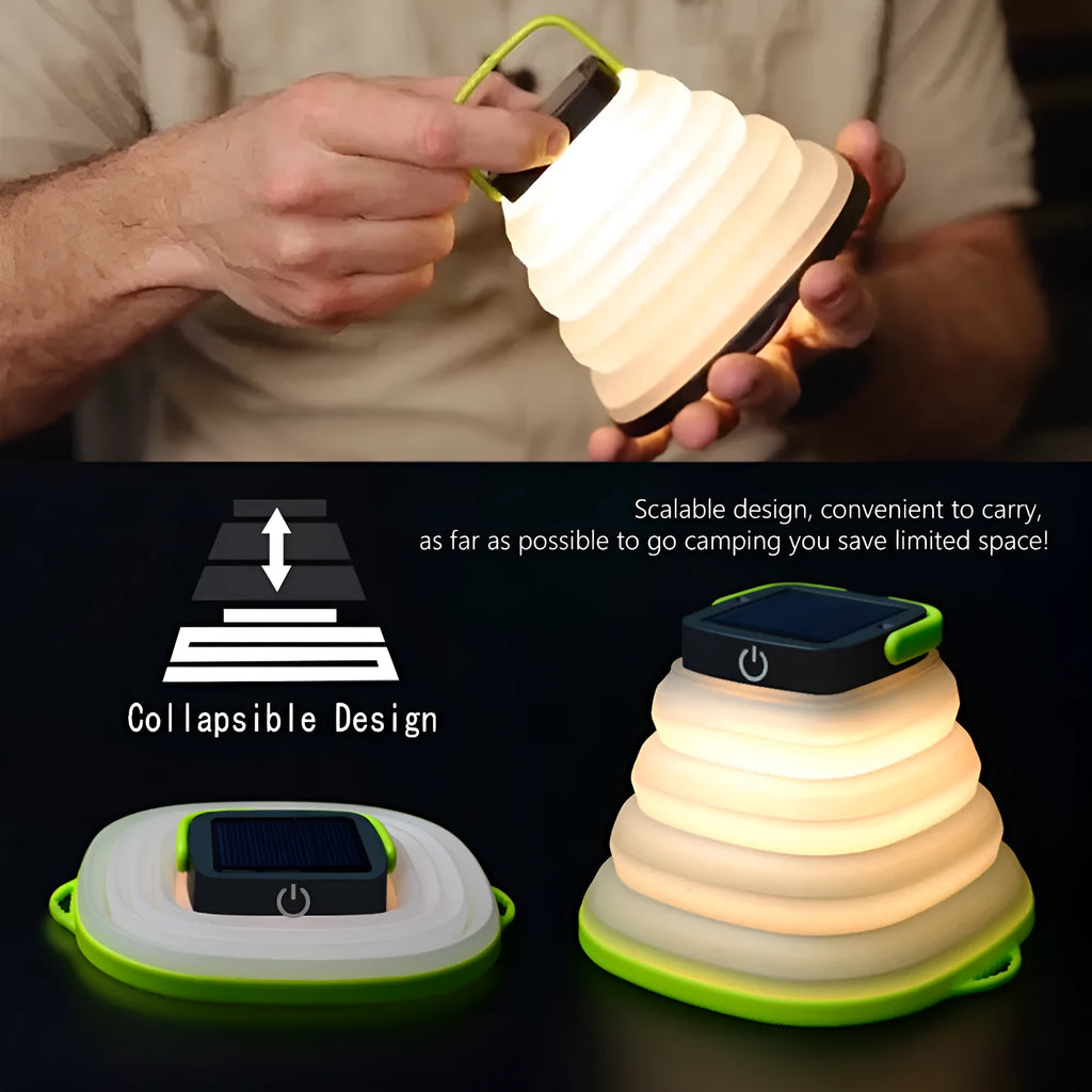 Collapsible camping lantern in Black or Green with solar panel, USB charging, 160lm warm white light, IP68 rating, and 2.5cm folded thickness