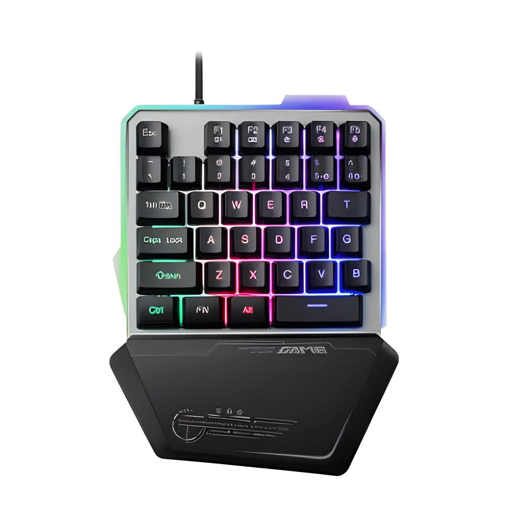 Black G40 Flow one-handed mechanical keyboard with RGB backlit keys on a desk