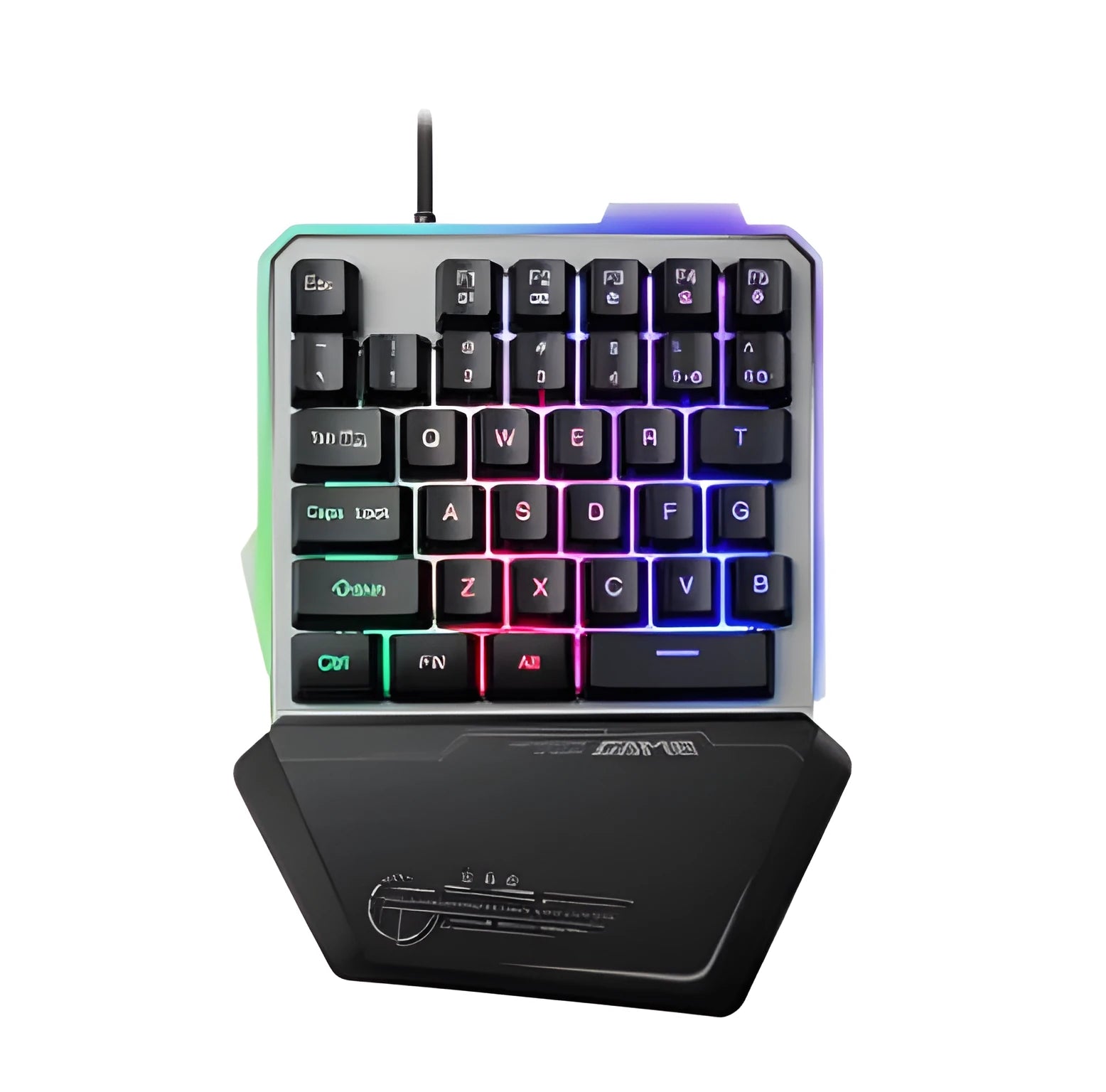 Black G40 Flow one-handed mechanical keyboard with RGB backlit keys on a desk