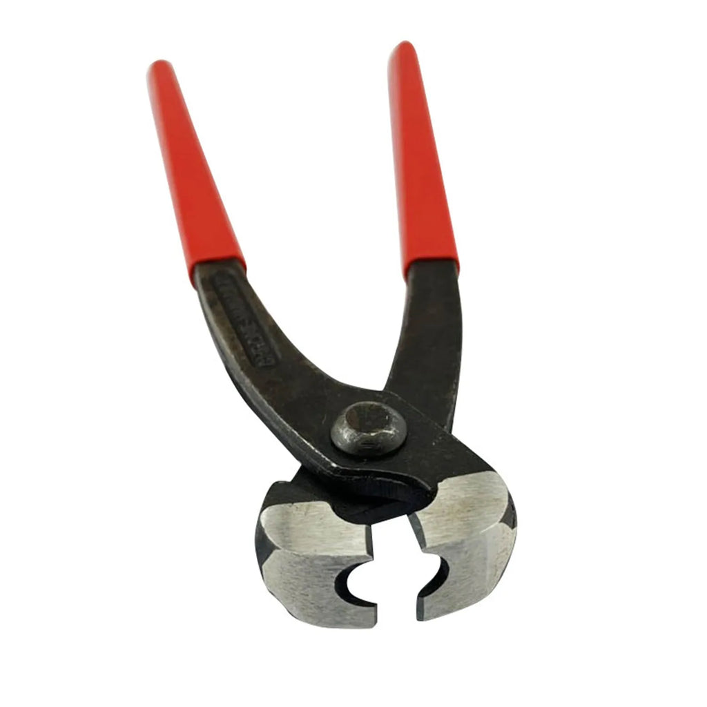 Red cloth style single-ear metal PEX pipe clamp with carbon steel cutting edge.