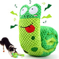 Transformable snail and stick shaped dog puzzle toy with squeaker and hidden food holes.