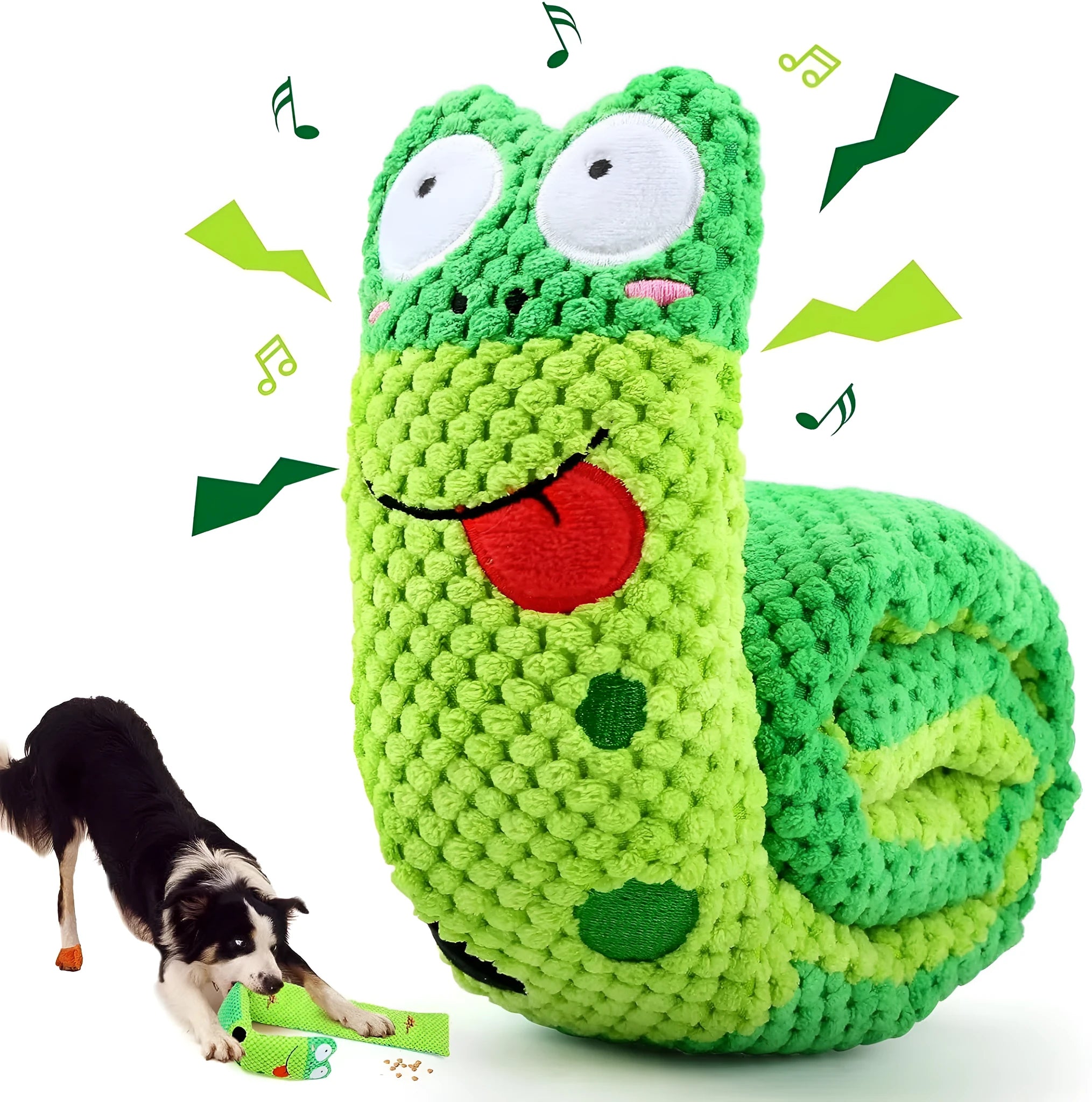 Transformable snail and stick shaped dog puzzle toy with squeaker and hidden food holes.