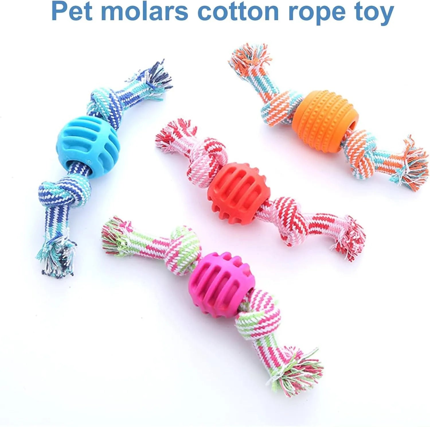 Blue molar-shaped nylon dog chew toy with green rope arms on a white background