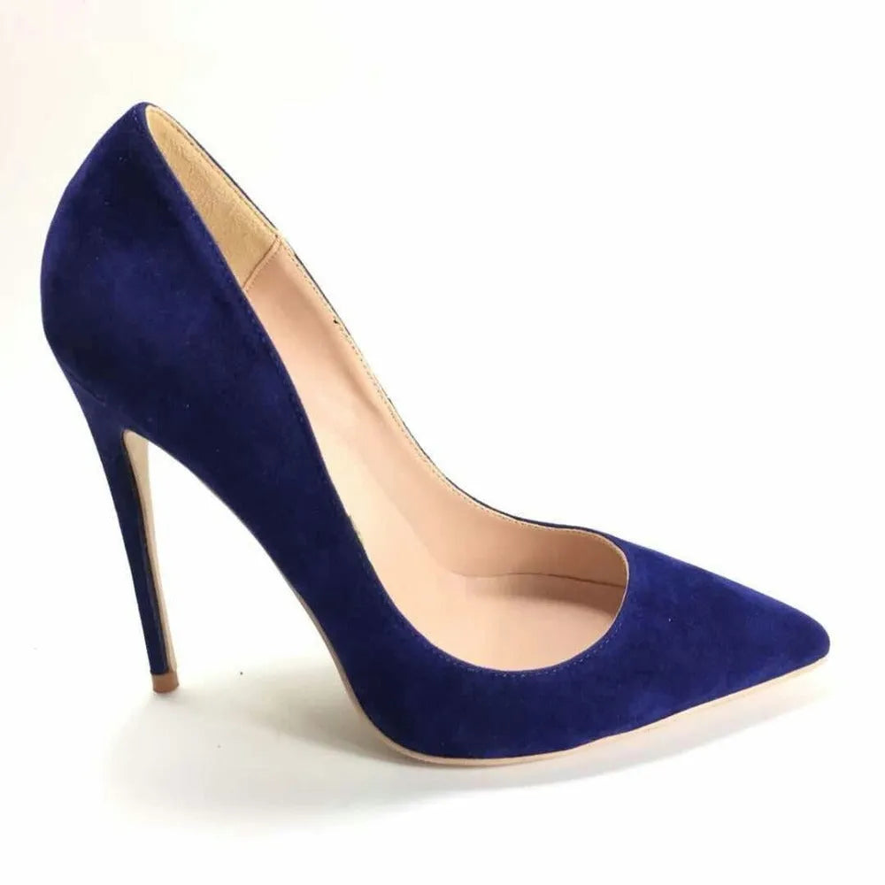 Blue suede stiletto heels with pointed toe, sheepskin insole and rubber sole, super high heel over 8cm