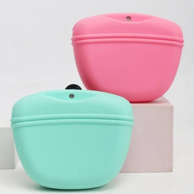Silicone dog treat bag with belt clip shown in multiple colours