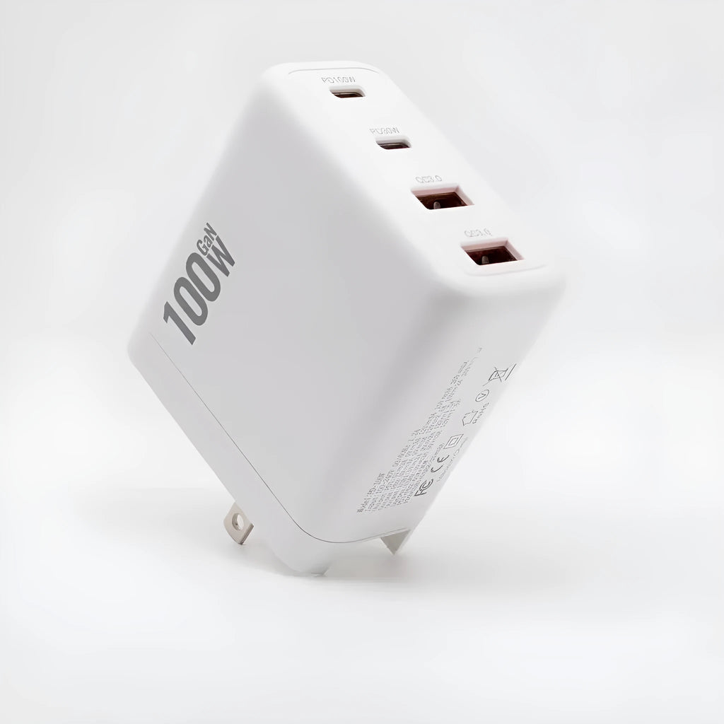 White 100W gallium nitride wall charger with Type-C and USB output, 20V5A max