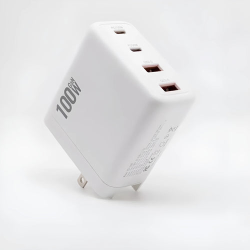 White 100W gallium nitride wall charger with Type-C and USB output, 20V5A max