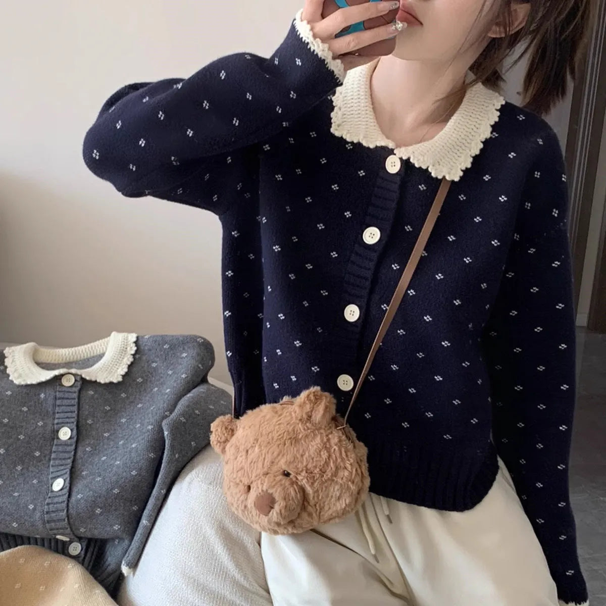Retro Peter Pan collar knitted cardigan coat with floral embroidery in grey colour