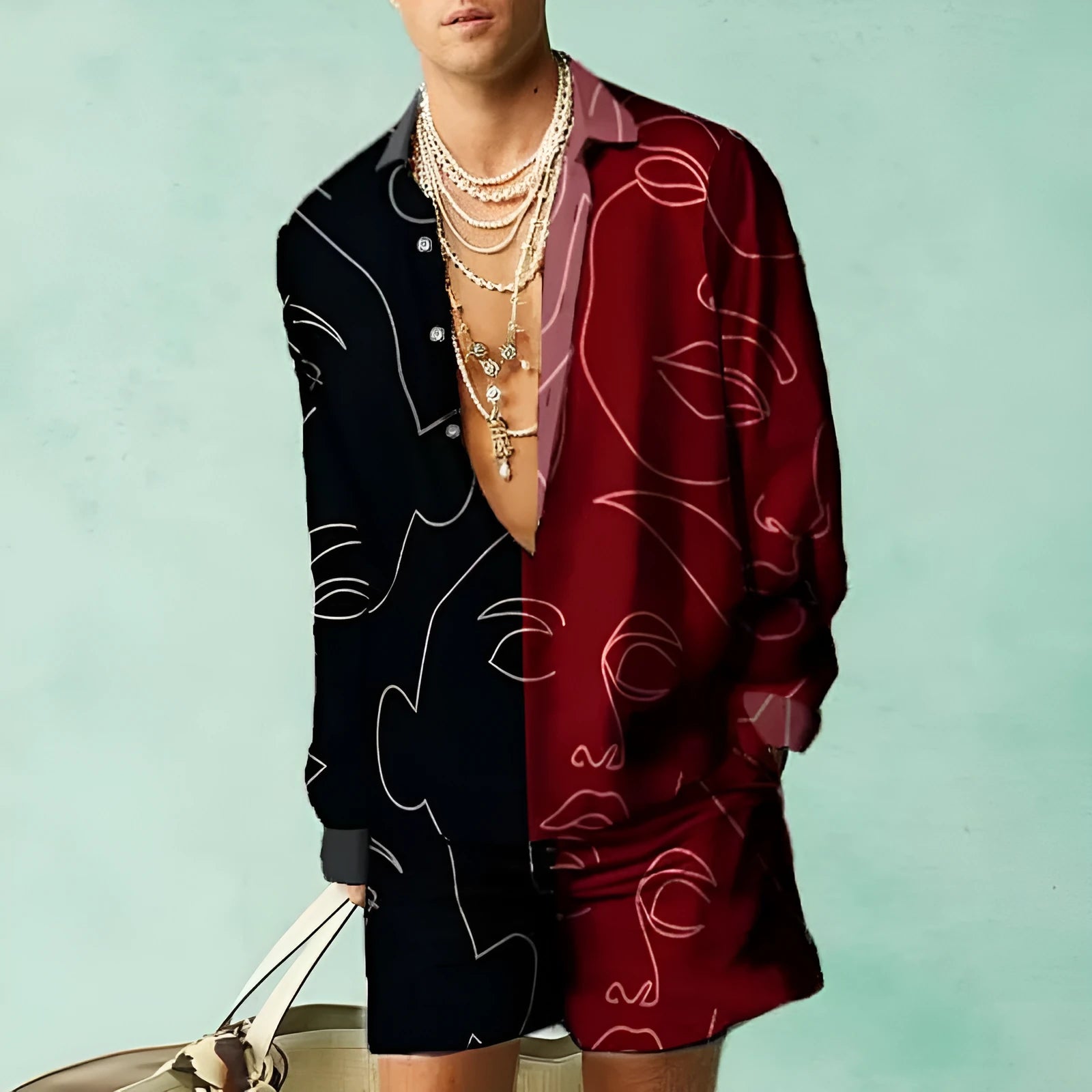 Men's slim fit summer shirt and shorts set in colour-block pattern.