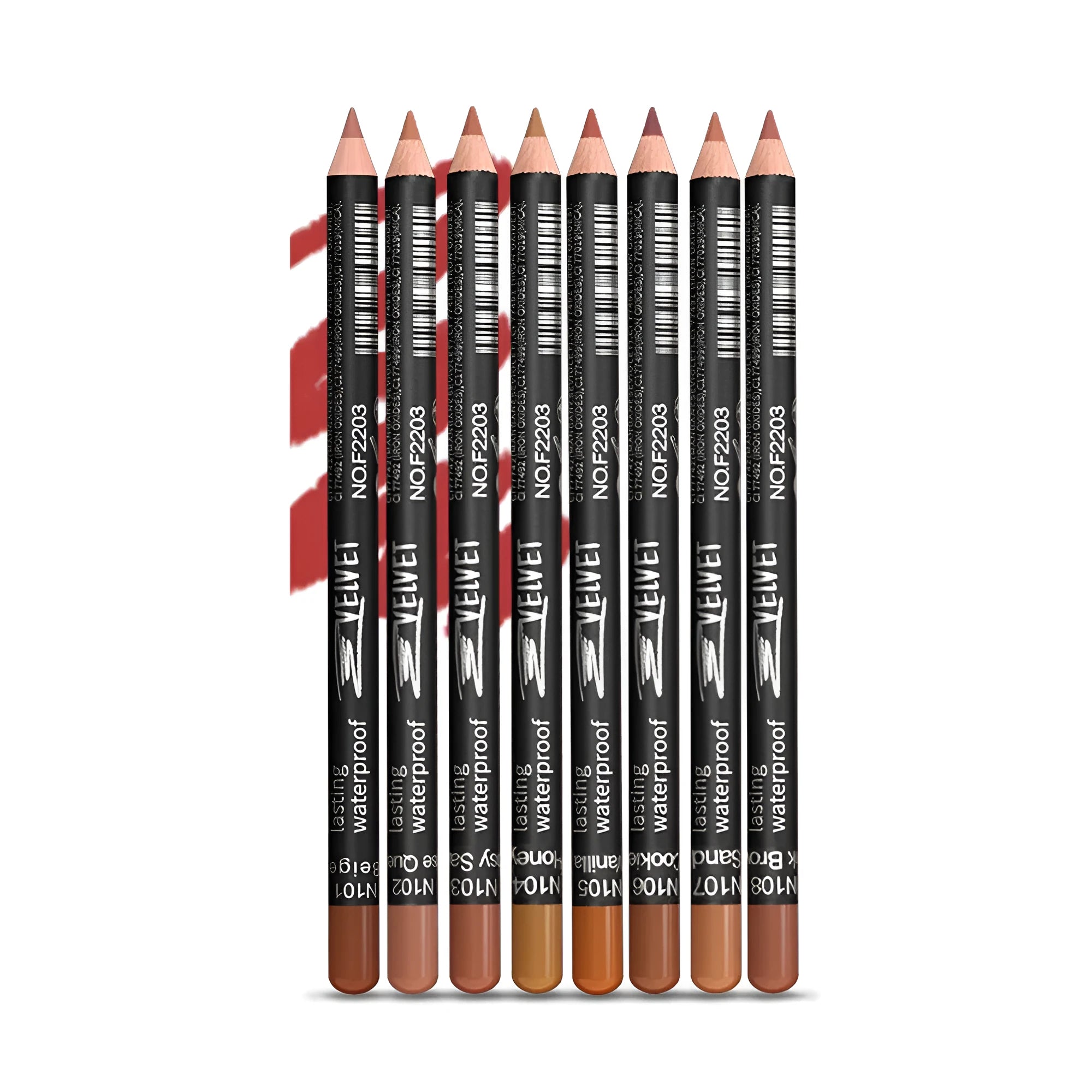 Lip liner pencil with matte finish in wood-toned shades showing 24-hour waterproof properties