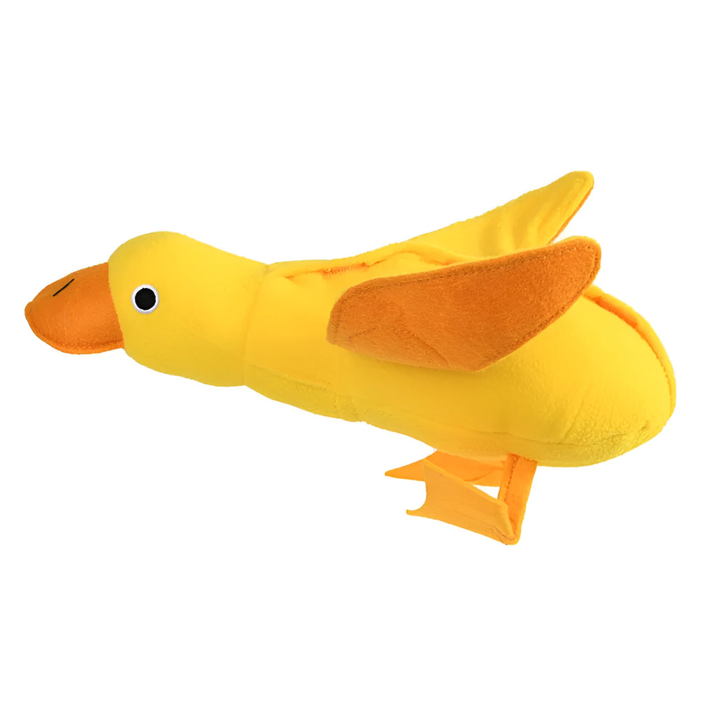 Yellow plush duck dog training toy with a squeaker and treat compartments on a white background.