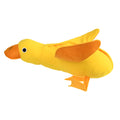 Yellow plush duck dog training toy with a squeaker and treat compartments on a white background.