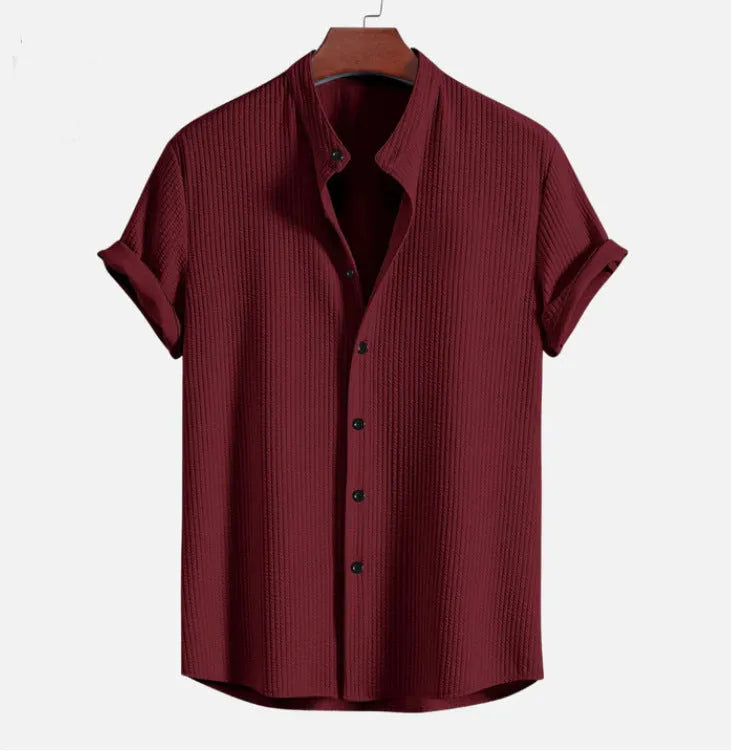 Men's loose fit short sleeve polyester shirt in multiple colour options showing Asian sizing