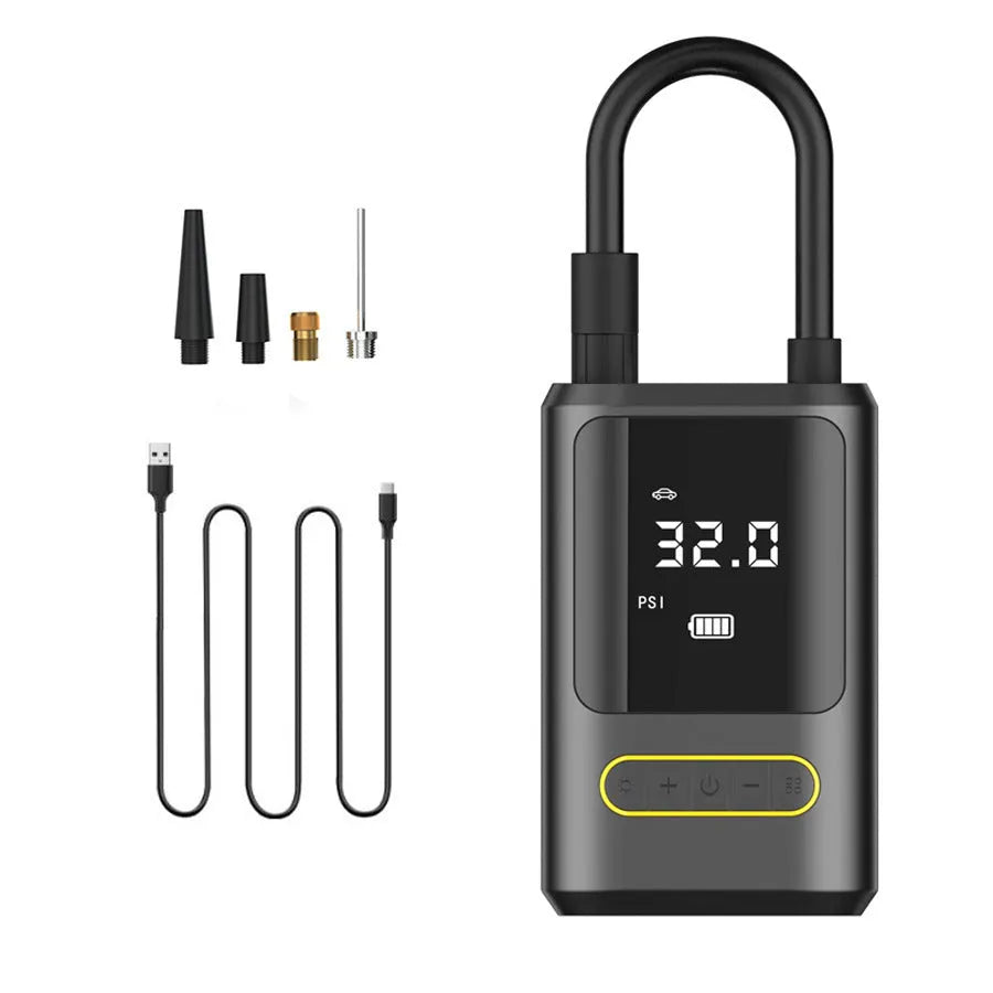 Handheld black digital display wireless car air pump with LED light and nozzle adapters.