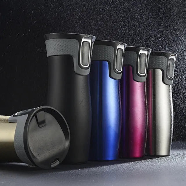 450ml vacuum insulated stainless steel travel mug with leak-proof push-button lid, shown in black, blue, or true colour