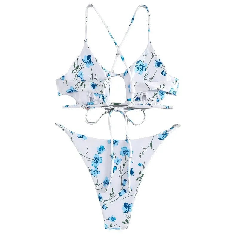Women's floral pattern swimsuit with tie-neck triangle top and matching shorts