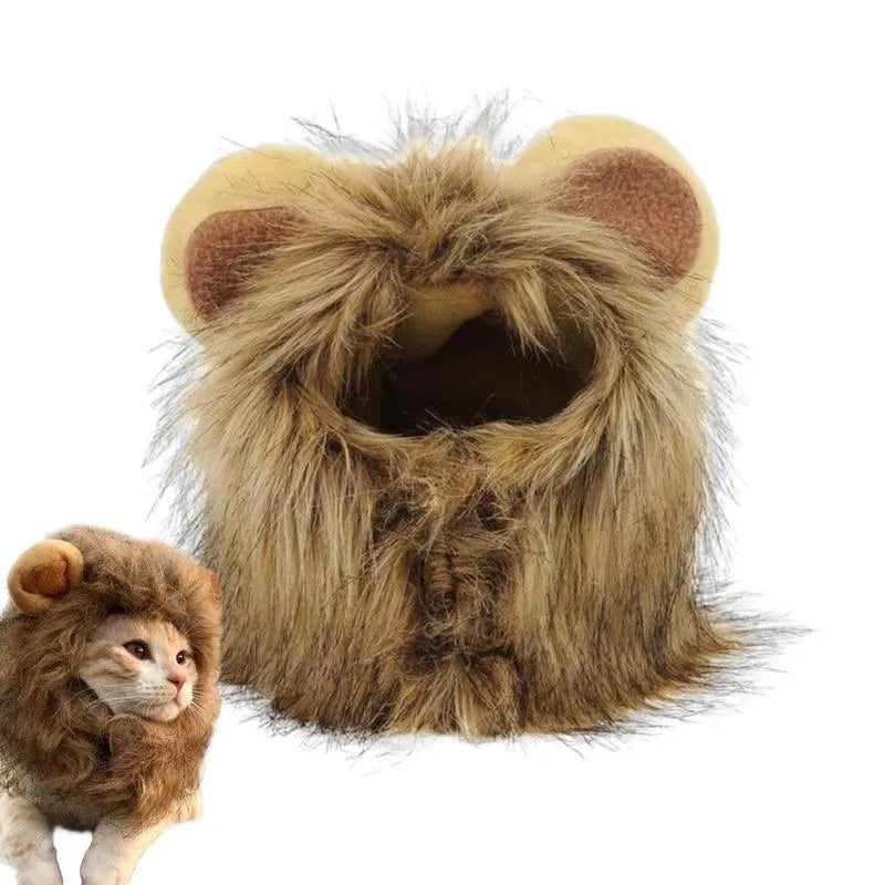 Lion mane wig for cats and small dogs with fluffy artificial hair and adjustable elastic band