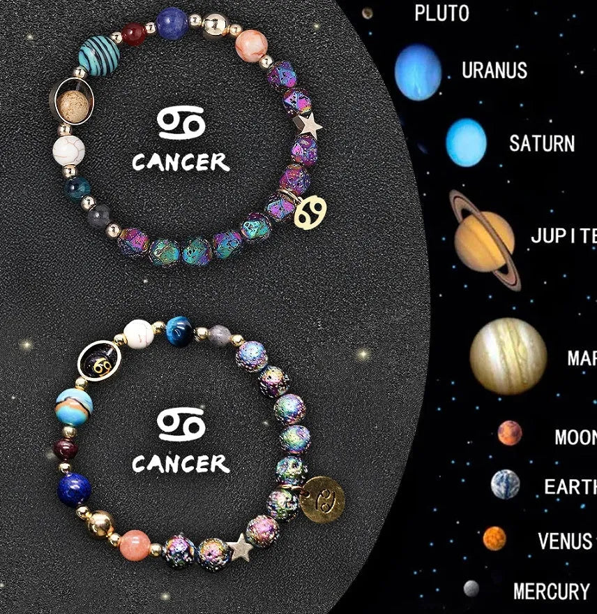 Two natural stone beaded bracelets with adjustable cords on a wooden surface, showing zodiac symbol designs.
