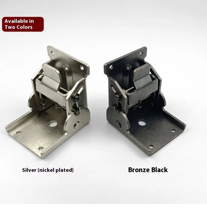 Folding hinge for furniture with adjustable 0 to 90 degree angle and self-locking mechanism.