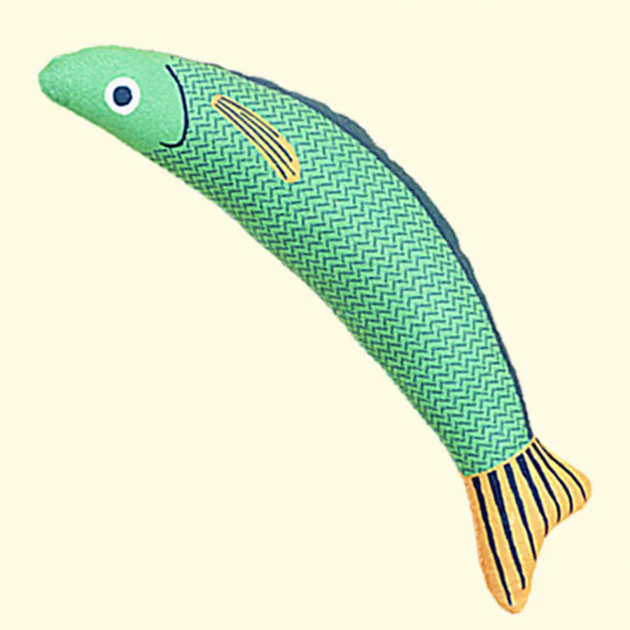 Plush green saury fish cat toy with organic catnip filling on a white background.