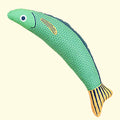 Plush green saury fish cat toy with organic catnip filling on a white background.