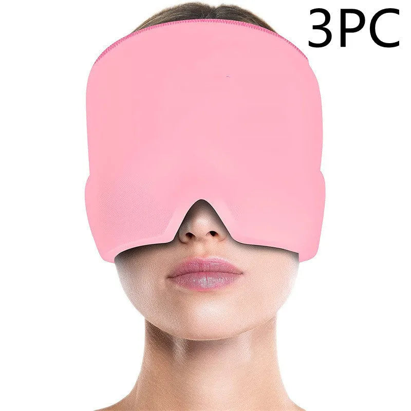 Black elastic cloth gel ice headache relief eye mask showing adjustable headband and cooling gel construction