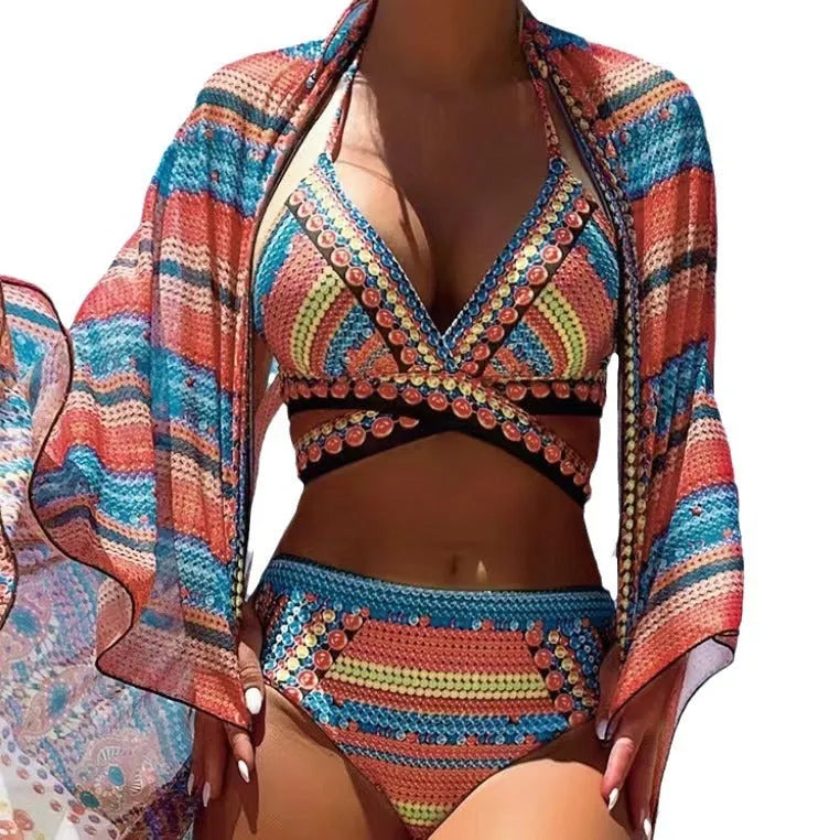 Women's retro ethnic style swimsuit with split cross straps in blue colour