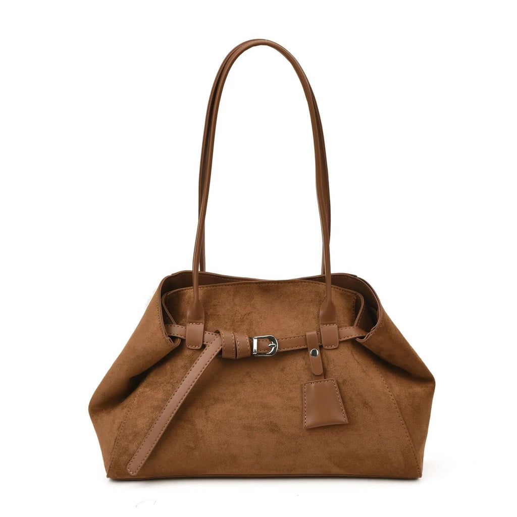 Retro large capacity tote bag in deerskin velvet with matte finish, horizontal square shape, single shoulder strap, available in black brown coffee green