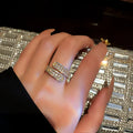 Gold electroplated diamond-embedded open ring for women with geometric alloy band