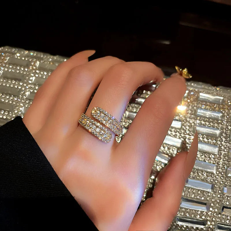 Gold electroplated diamond-embedded open ring for women with geometric alloy band