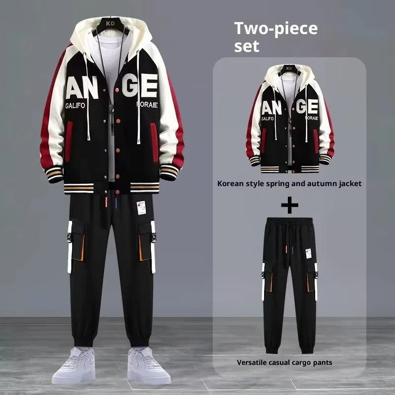 Youth hooded sweater jacket sports suit in black with matching trousers, polyester blend, size S to 3XL