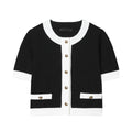 Women's two-piece casual suit with a beaded leather round neck top and high-waisted trousers.