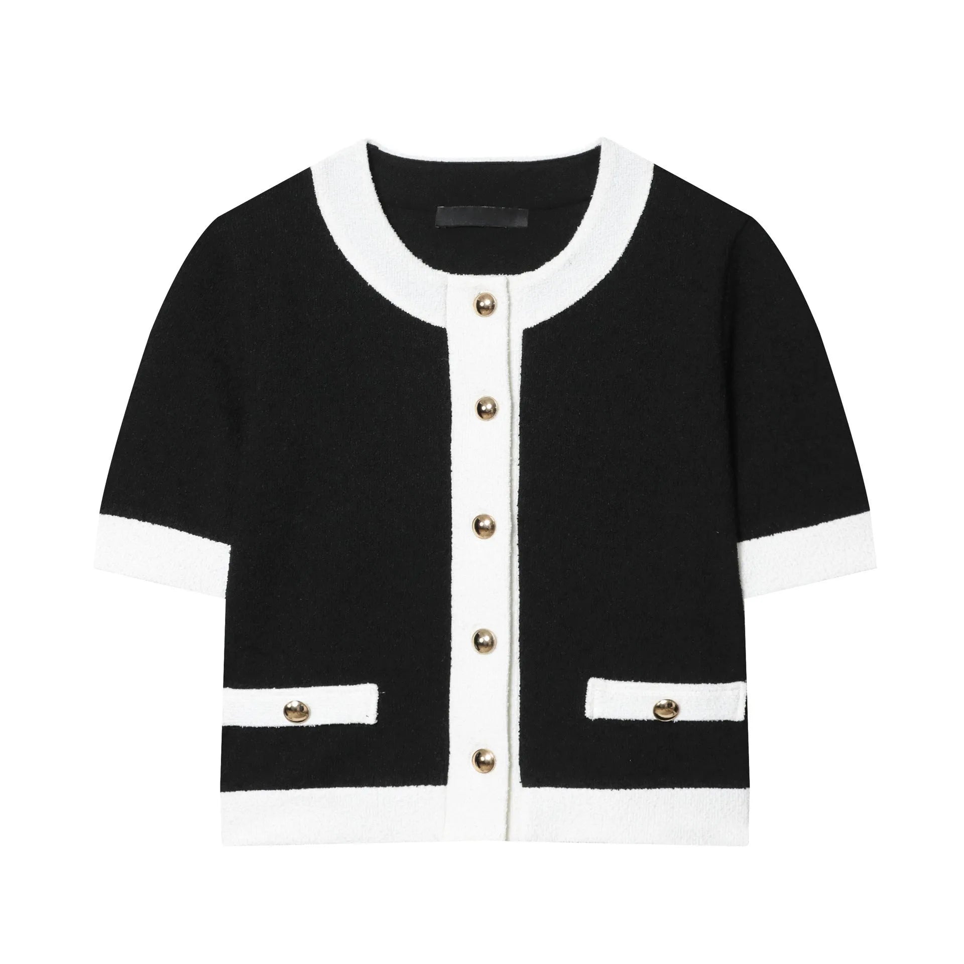 Women's two-piece casual suit with a beaded leather round neck top and high-waisted trousers.