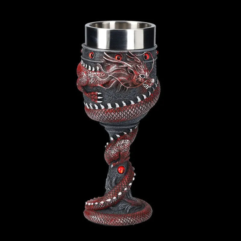 Stainless steel wine glass with Chinese dragon design in gold or red colour, 200ml capacity