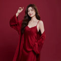 Red ice silk wedding dowry pyjama set for men and women showing long sleeves and trouser design