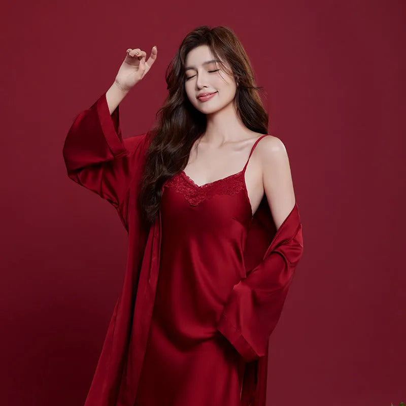 Red ice silk wedding dowry pyjama set for men and women showing long sleeves and trouser design
