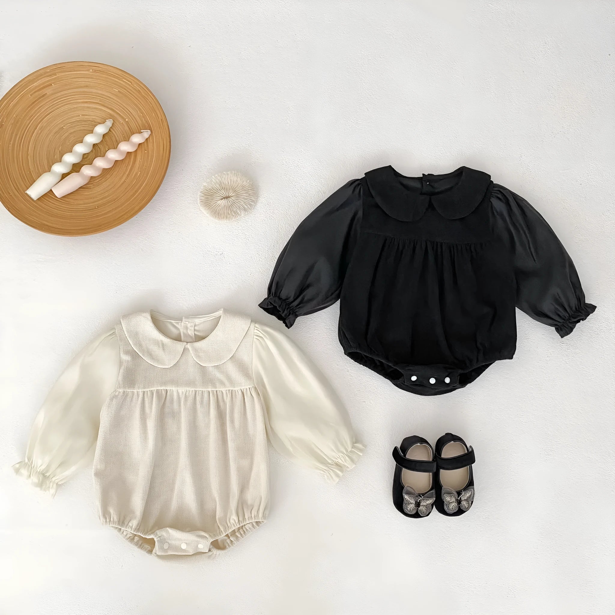 Baby girls corduroy doll collar long sleeve bottom-covering rompers jumpsuit in apricot or black