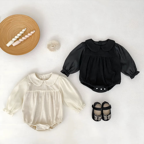 Baby girls corduroy doll collar long sleeve bottom-covering rompers jumpsuit in apricot or black
