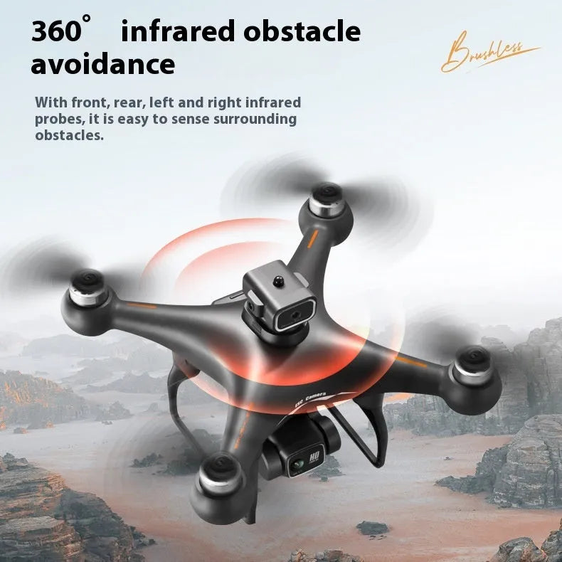 Black S116 drone with four propellers, obstacle sensors visible on its sides, next to its remote control transmitter.